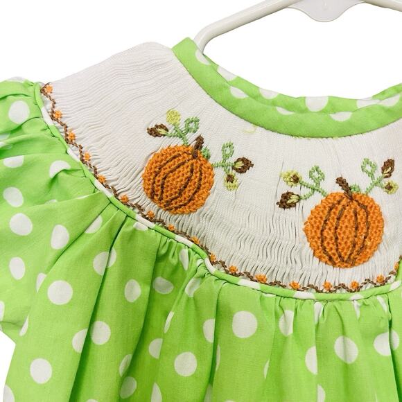 Dibble Dabble Girls 24 Month Boutique Smocked Green Pumpkin Dress Fall - Picture 3 of 7